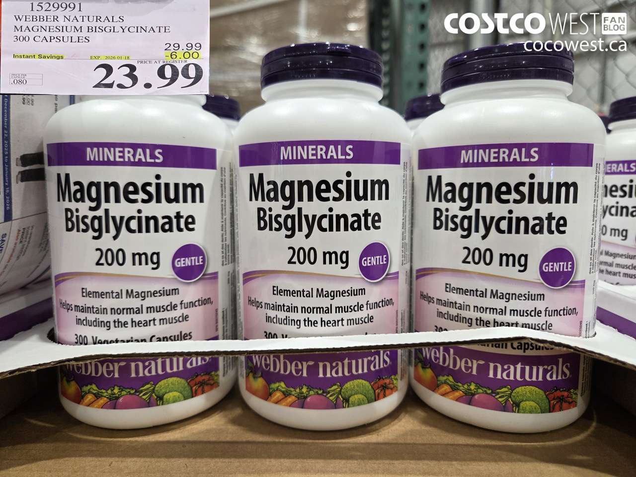1529991 WEBBER NATURALS MAGNESIUM BISGLYCINATE 200MG 300 CAPSULES ($6.00 INSTANT SAVINGS EXPIRES ON 2026-01-18) $23.99