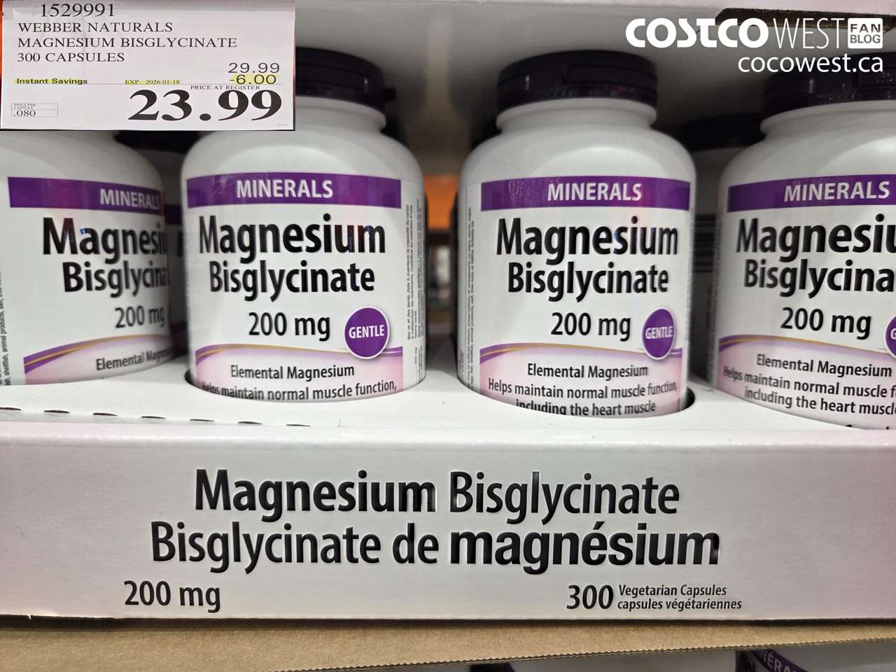 1529991 WEBBER NATURALS MAGNESIUM BISGLYCINATE 200MG 300 CAPSULES ($6.00 INSTANT SAVINGS EXPIRES ON 2026-01-18) $23.99