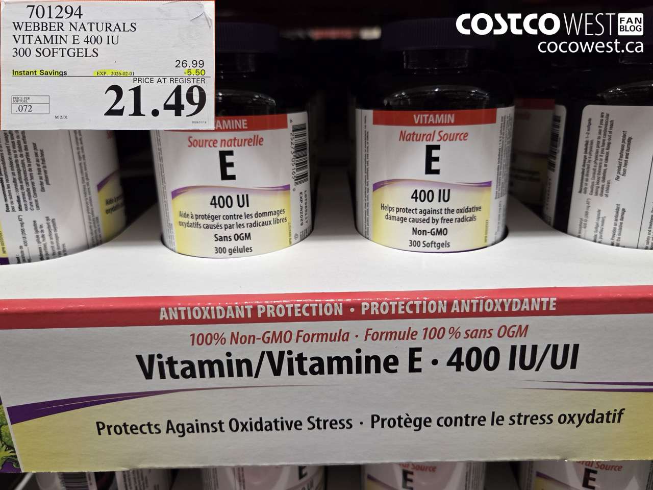 701294 WEBBER NATURALS VITAMIN E NATURAL 400 IU 300 SOFTGELS ($5.50 INSTANT SAVINGS EXPIRES ON 2026-02-01) $21.49