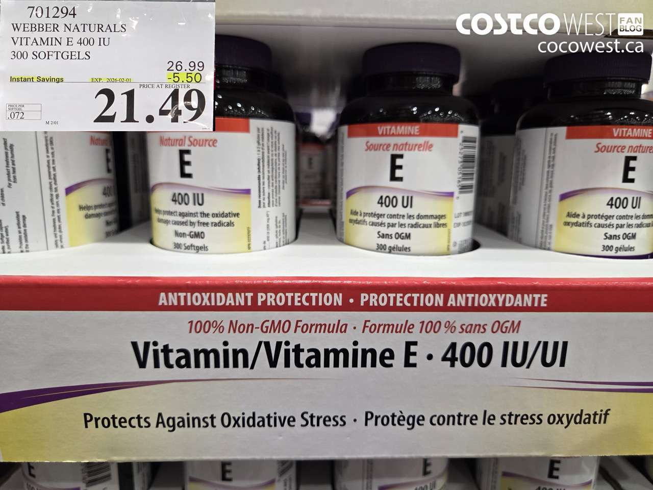 701294 WEBBER NATURALS VITAMIN E NATURAL 400 IU 300 SOFTGELS ($5.50 INSTANT SAVINGS EXPIRES ON 2026-02-01) $21.49