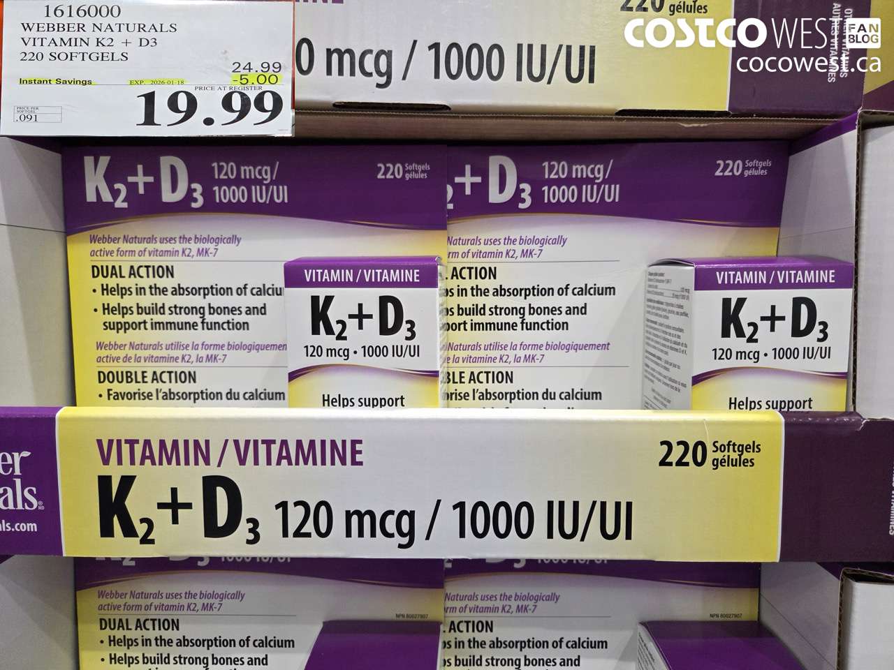 1616000 WEBBER NATURALS VITAMIN K2+D3 220 SOFTGELS ($5.00 INSTANT SAVINGS EXPIRES ON 2026-01-18) $19.99