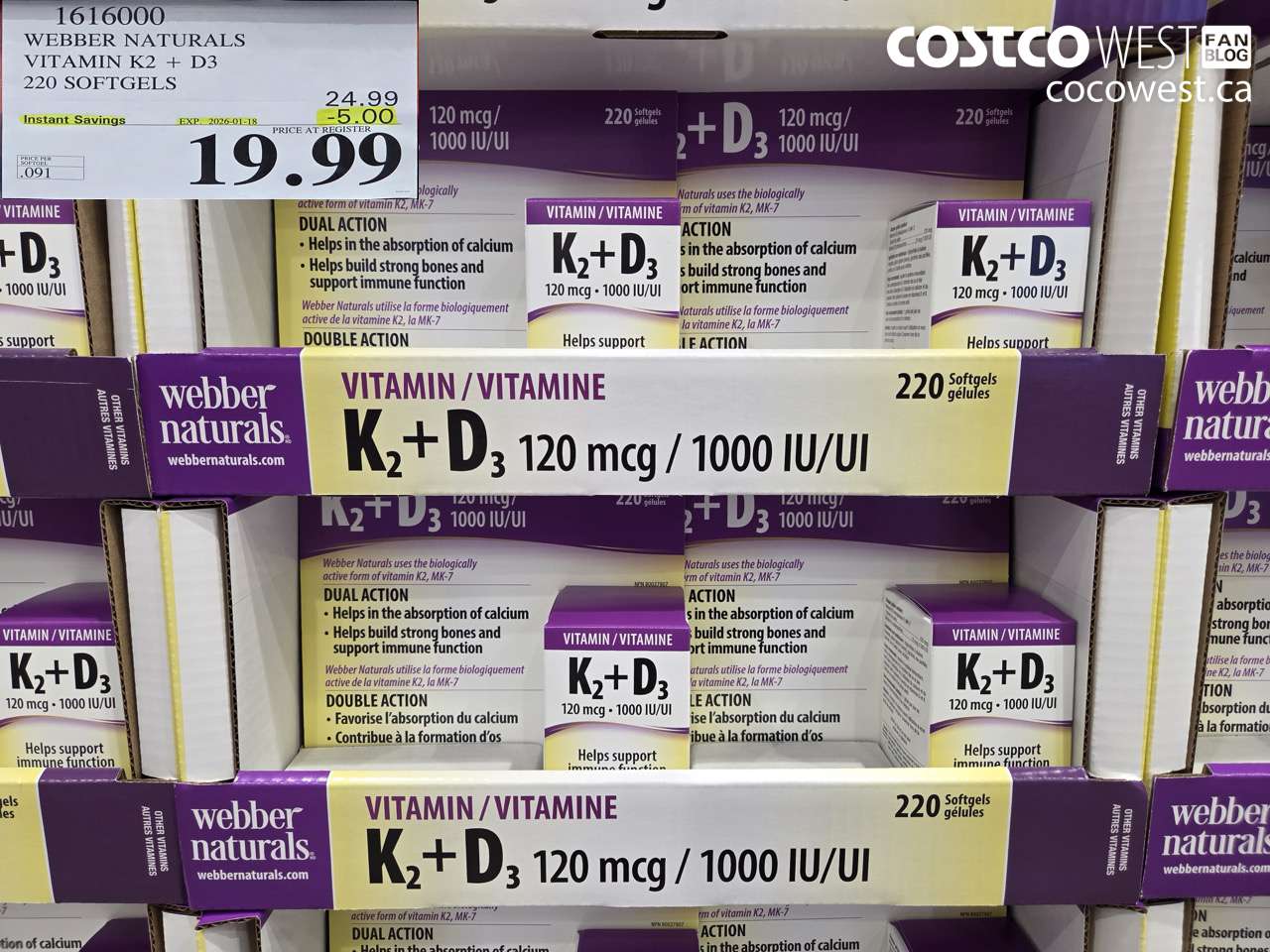 1616000 WEBBER NATURALS VITAMIN K2+D3 220 SOFTGELS ($5.00 INSTANT SAVINGS EXPIRES ON 2026-01-18) $19.99
