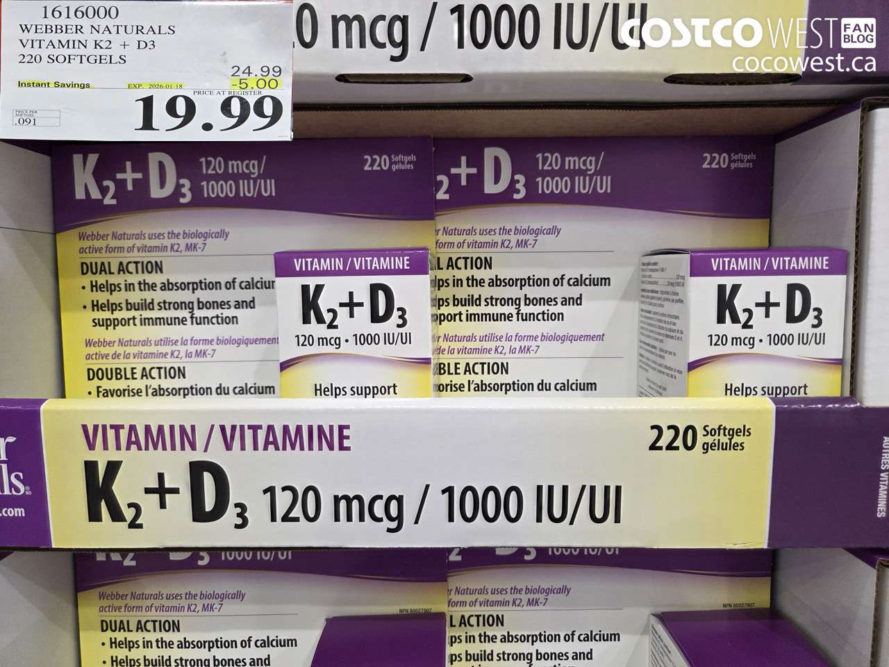 1616000 WEBBER NATURALS VITAMIN K2+D3 220 SOFTGELS ($5.00 INSTANT SAVINGS EXPIRES ON 2026-01-18) $19.99