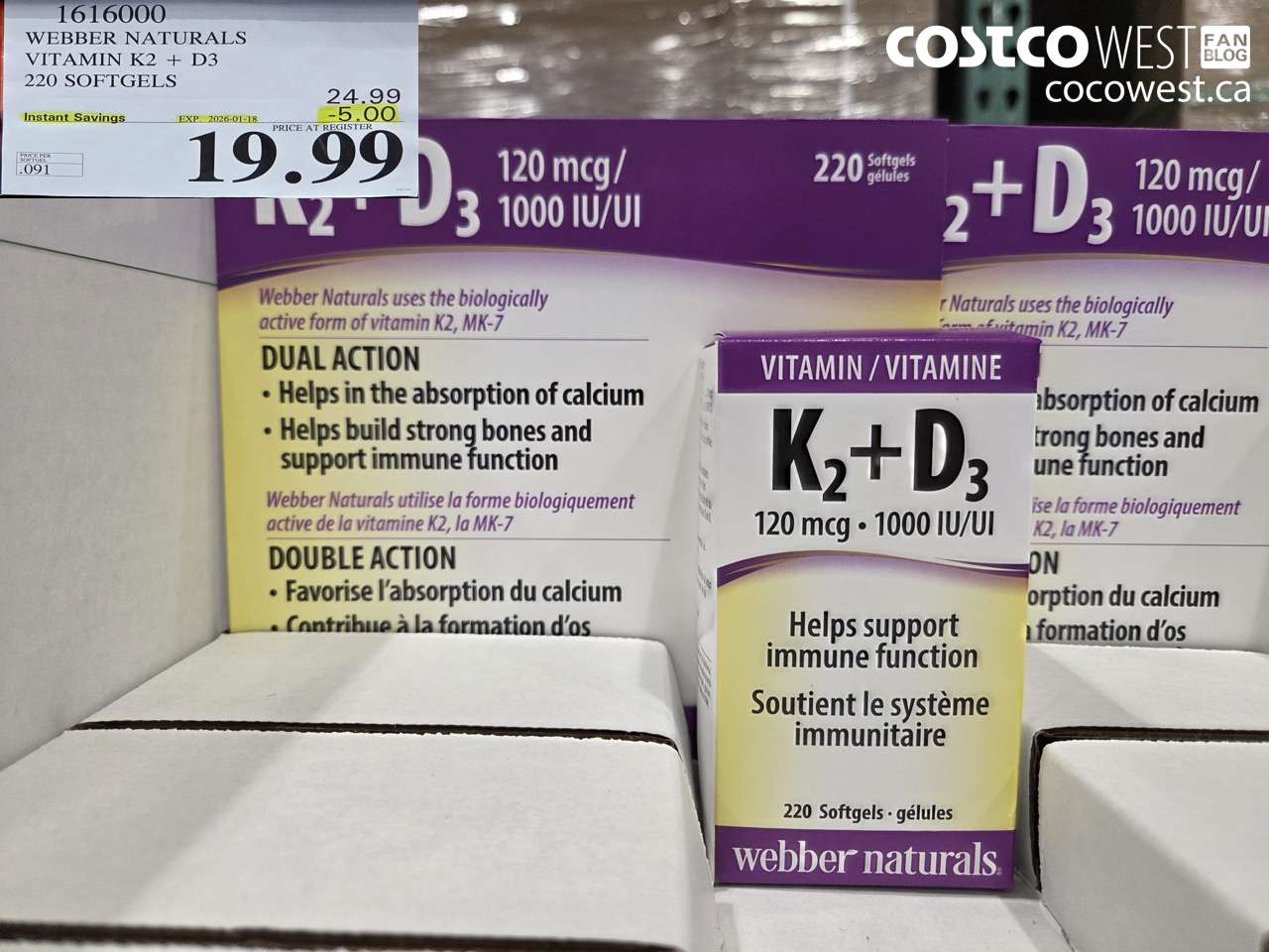 1616000 WEBBER NATURALS VITAMIN K2+D3 220 SOFTGELS ($5.00 INSTANT SAVINGS EXPIRES ON 2026-01-18) $19.99
