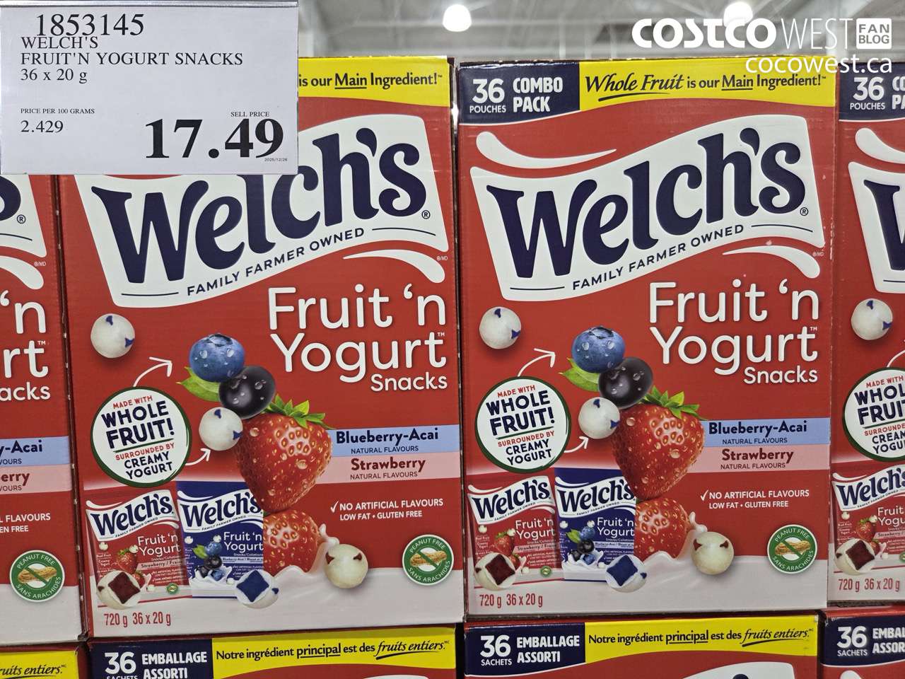 1853145 WELCH'S FRUIT'N YOGURT SNACKS 36 x 20 g $17.49