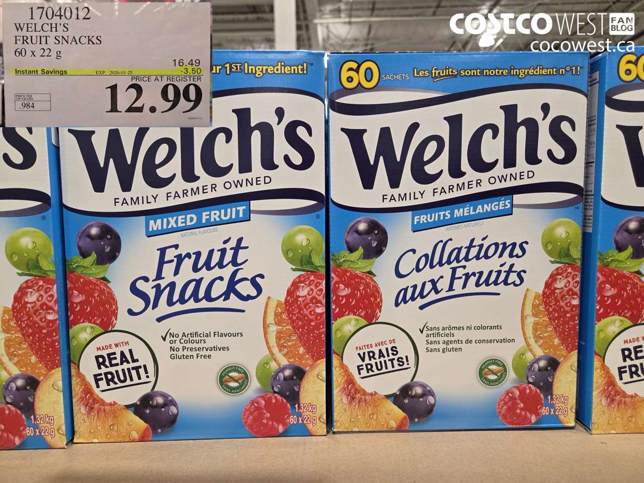 1704012 WELCH'S FRUIT SNACKS 60 X 22 G ($3.50 INSTANT SAVINGS EXPIRES ON 2026-01-25) $12.99