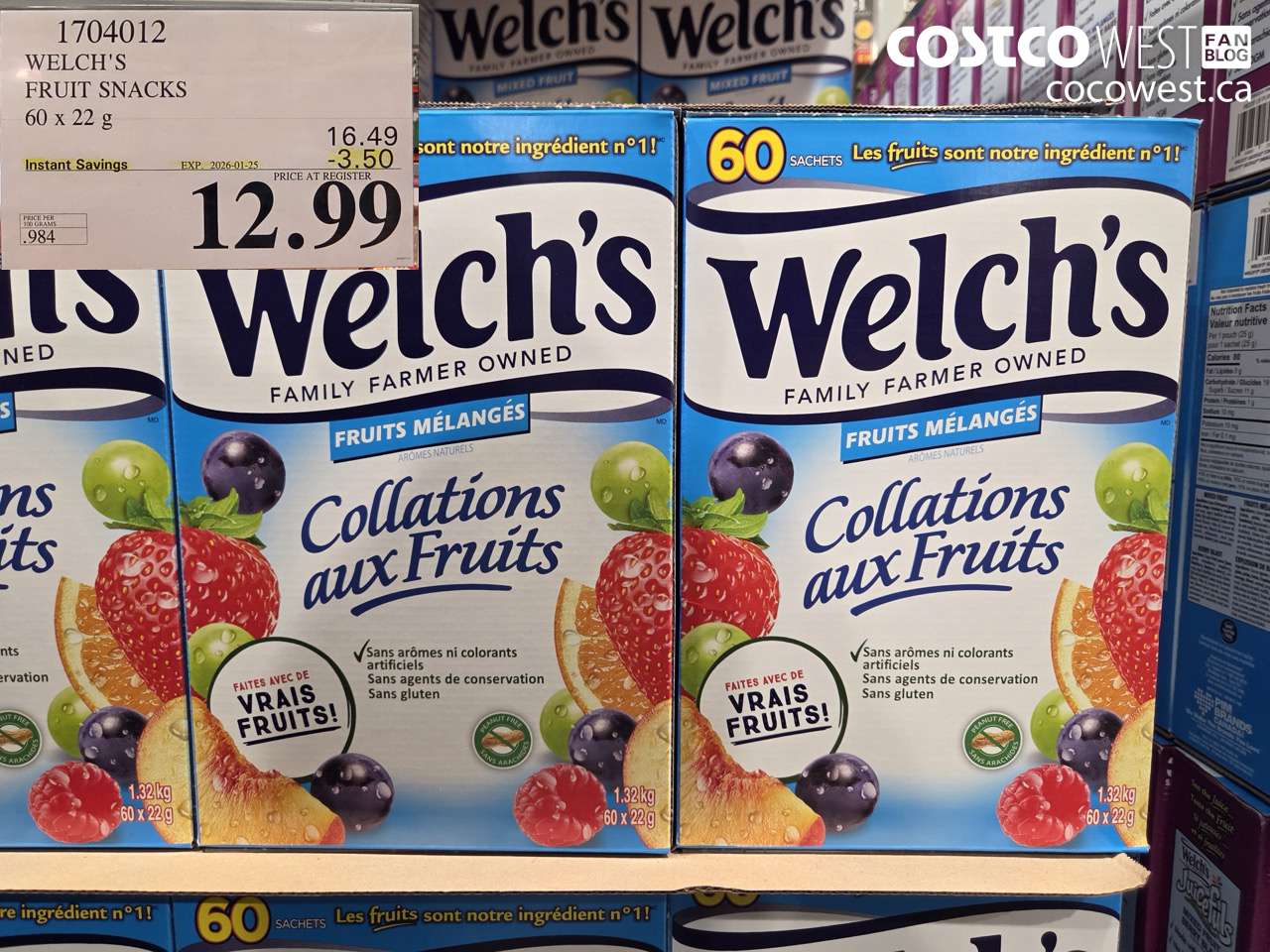 1704012 WELCH'S FRUIT SNACKS 60 X 22 G ($3.50 INSTANT SAVINGS EXPIRES ON 2026-01-25) $12.99