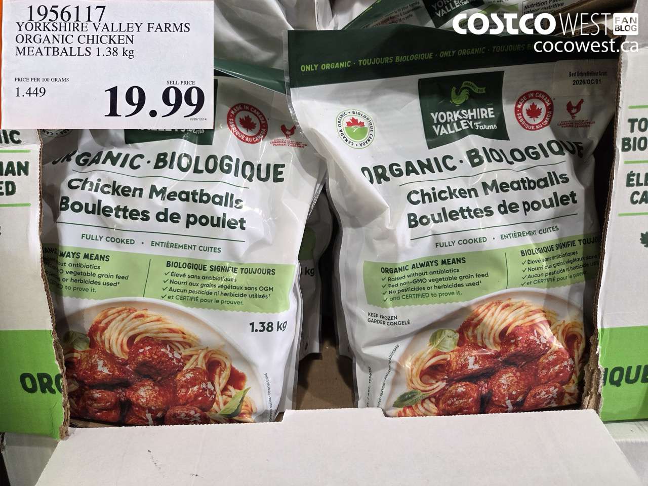 1956117 YORKSHIRE VALLEY FARMS ORGANIC CHICKEN MEATBALLS 1.38KG $19.99