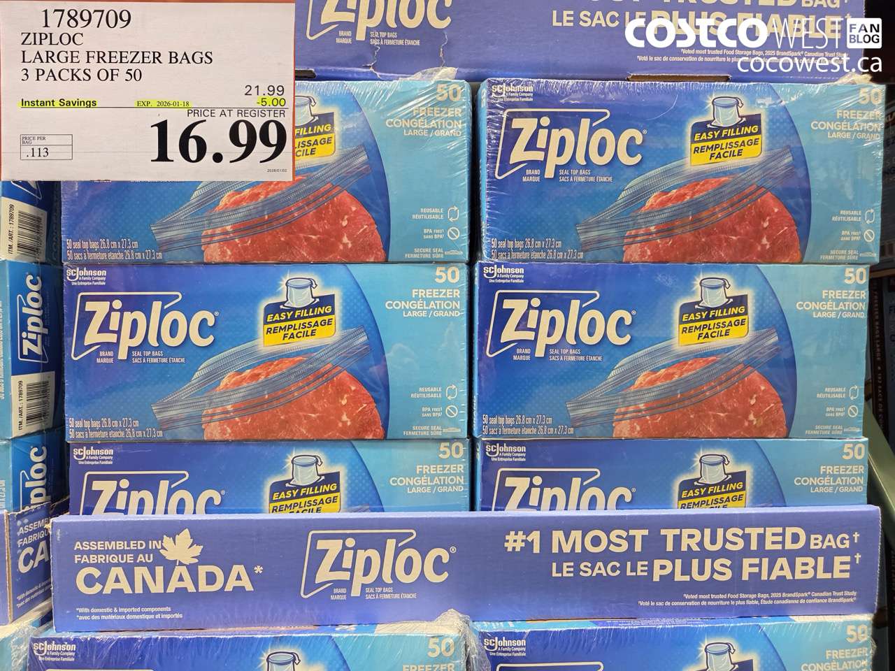 1789709 ZIPLOC LARGE FREEZER BAG 3 X 50 2025-01-9 ($5.00 INSTANT SAVINGS EXPIRES ON 2026-01-18) $16.99