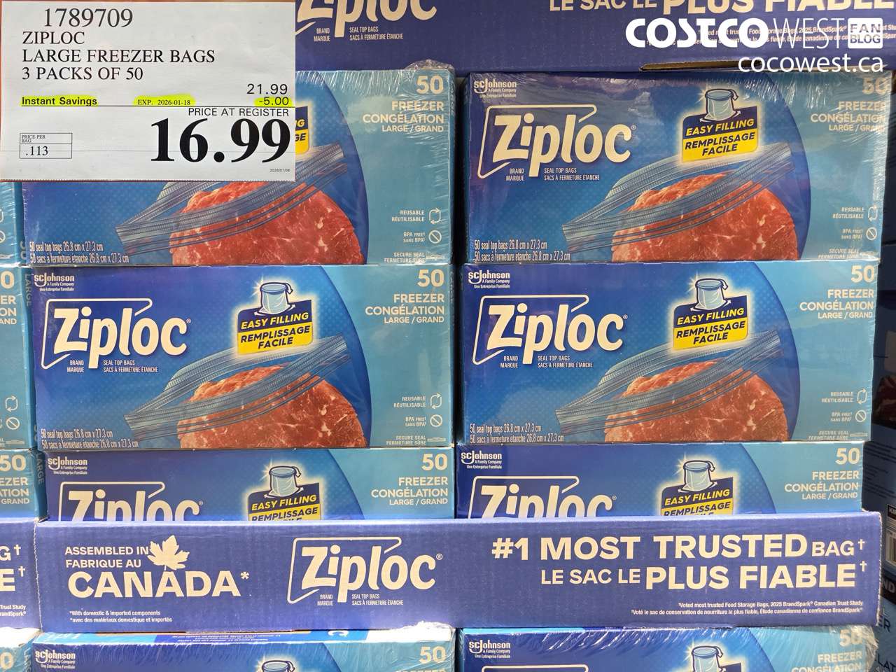 1789709 ZIPLOC LARGE FREEZER BAG 3 X 50 2025-01-9 ($5.00 INSTANT SAVINGS EXPIRES ON 2026-01-18) $16.99