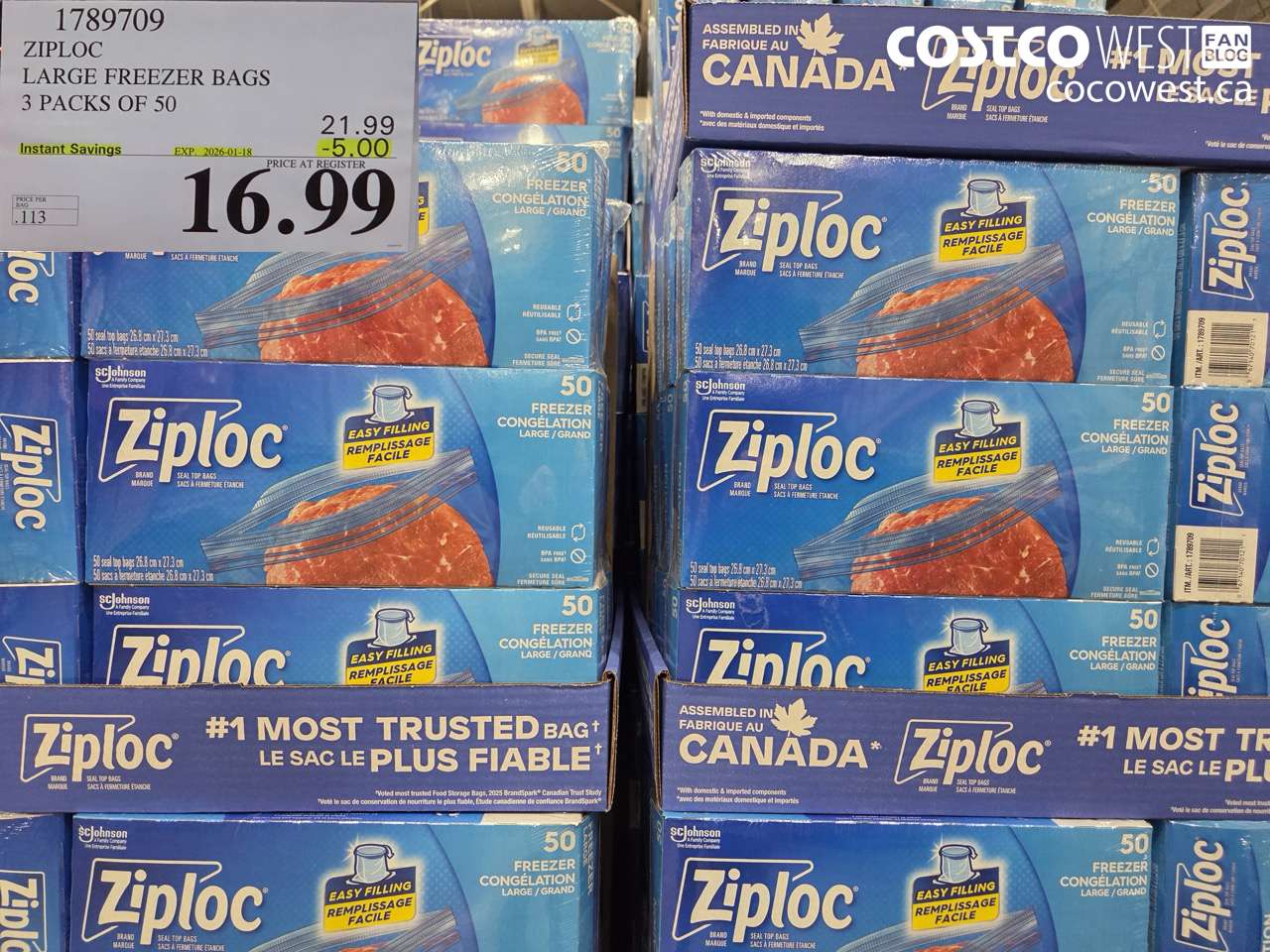 1789709 ZIPLOC LARGE FREEZER BAG 3 X 50 2025-01-9 ($5.00 INSTANT SAVINGS EXPIRES ON 2026-01-18) $16.99