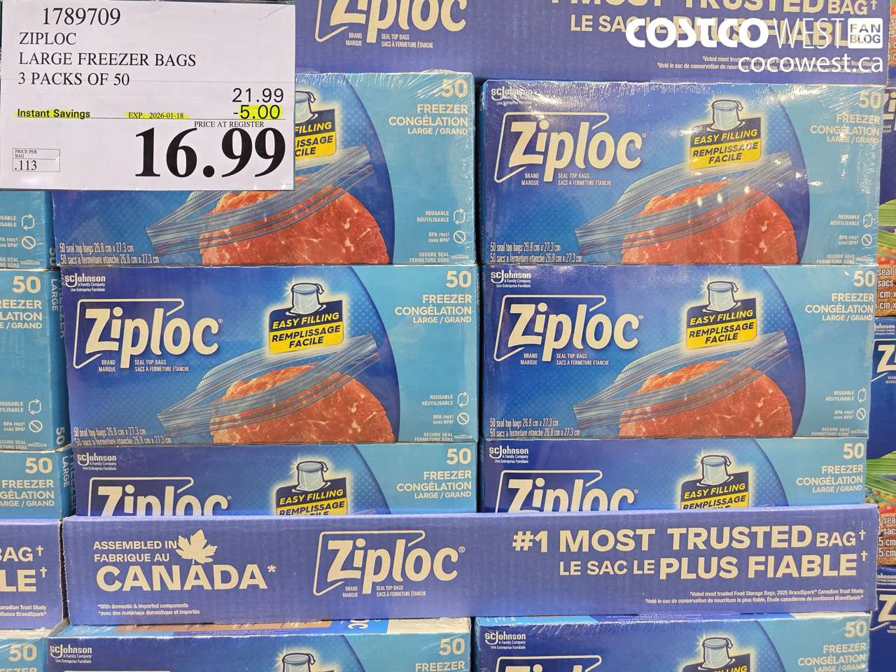 1789709 ZIPLOC LARGE FREEZER BAG 3 X 50 2025-01-9 ($5.00 INSTANT SAVINGS EXPIRES ON 2026-01-18) $16.99