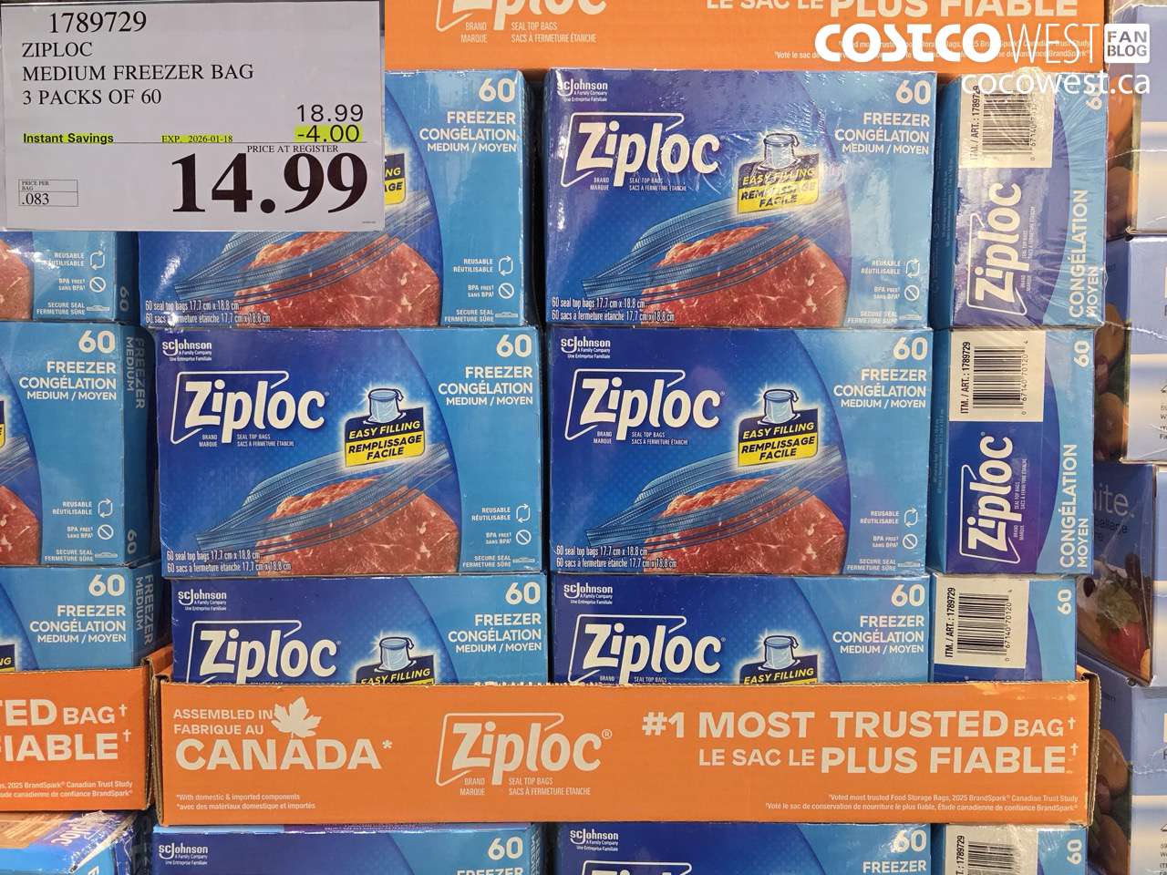 1789729 ZIPLOC MEDIUM FREEZER BAG 3 x 60 ($4.00 INSTANT SAVINGS EXPIRES ON 2026-01-18) $14.99