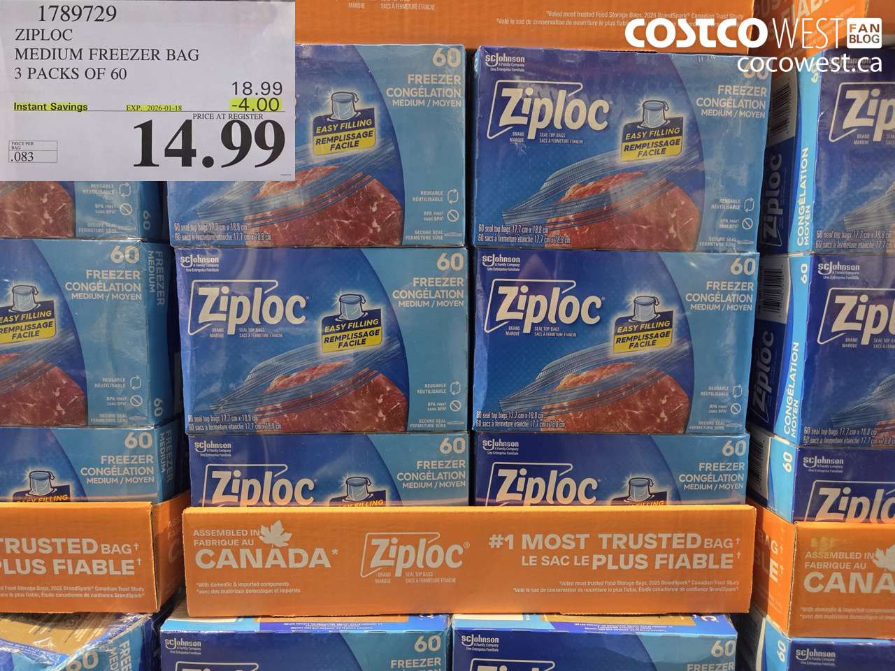 1789729 ZIPLOC MEDIUM FREEZER BAG 3 x 60 ($4.00 INSTANT SAVINGS EXPIRES ON 2026-01-18) $14.99