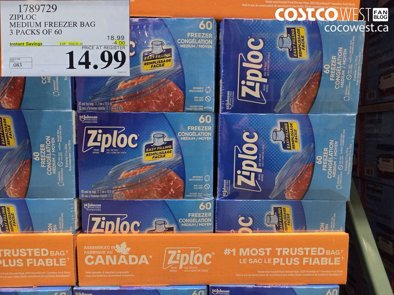 1789729 ZIPLOC MEDIUM FREEZER BAG 3 x 60 ($4.00 INSTANT SAVINGS EXPIRES ON 2026-01-18) $14.99