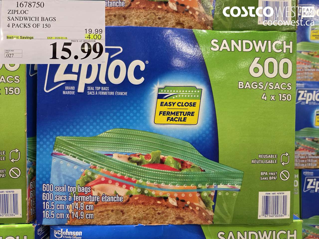 1678750 ZIPLOC SANDWICH BAGS 4 X 150 ($4.00 INSTANT SAVINGS EXPIRES ON 2026-01-18) $15.99