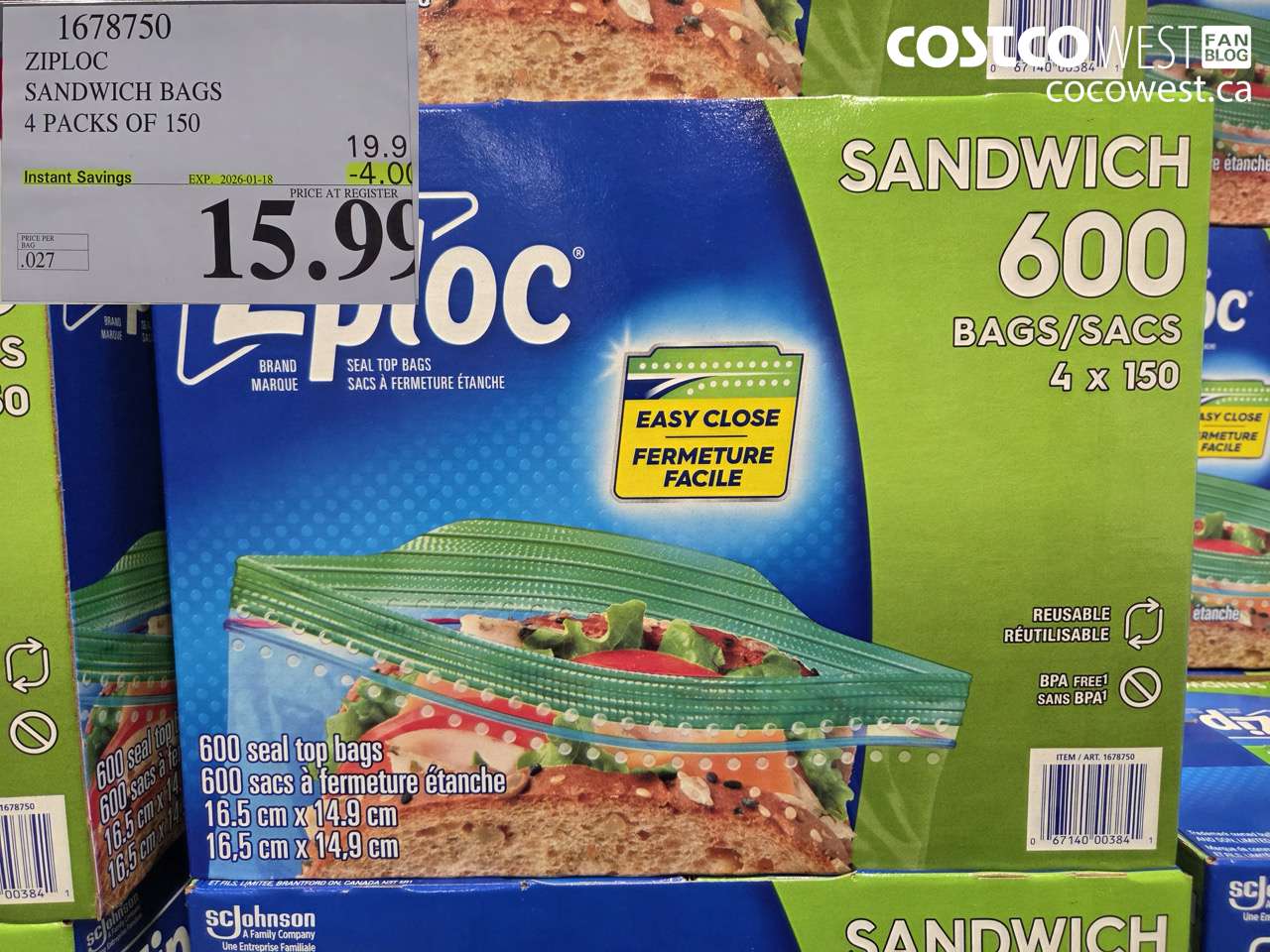 1678750 ZIPLOC SANDWICH BAGS 4 X 150 ($4.00 INSTANT SAVINGS EXPIRES ON 2026-01-18) $15.99