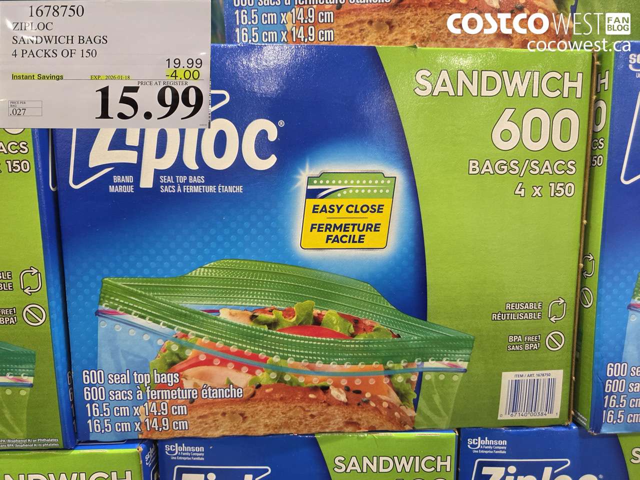 1678750 ZIPLOC SANDWICH BAGS 4 X 150 ($4.00 INSTANT SAVINGS EXPIRES ON 2026-01-18) $15.99