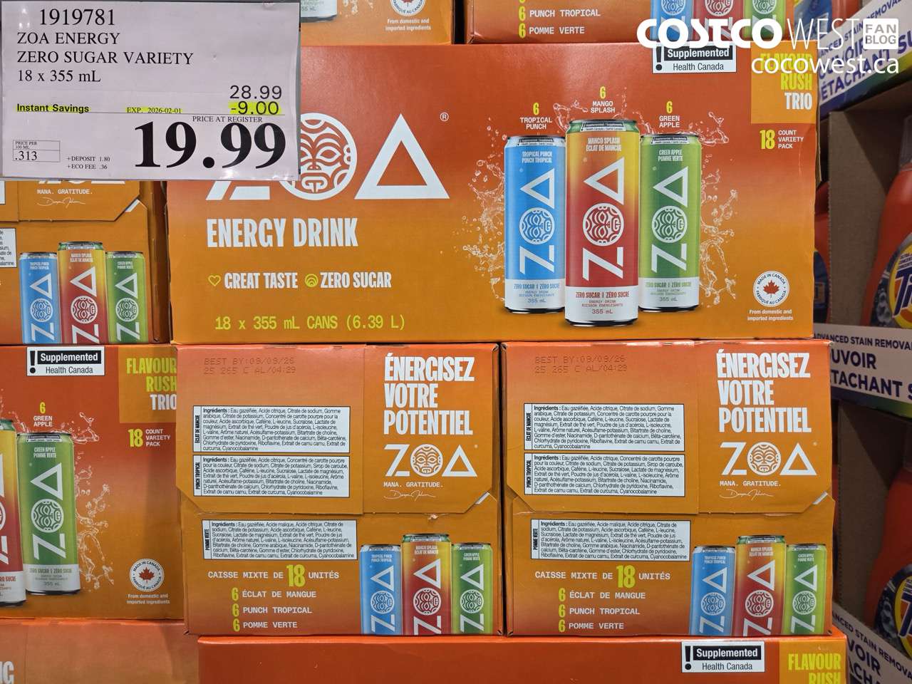1919781 ZOA ENERGY DRINK 18 x 355 mL ($9.00 INSTANT SAVINGS EXPIRES ON 2026-02-01) $19.99