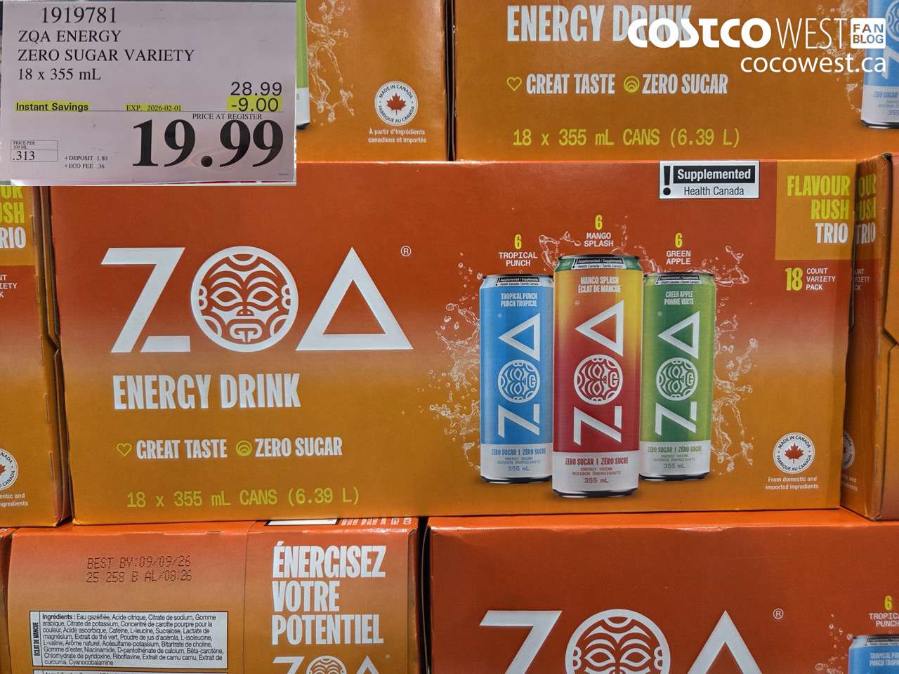 1919781 ZOA ENERGY DRINK 18 x 355 mL ($9.00 INSTANT SAVINGS EXPIRES ON 2026-02-01) $19.99