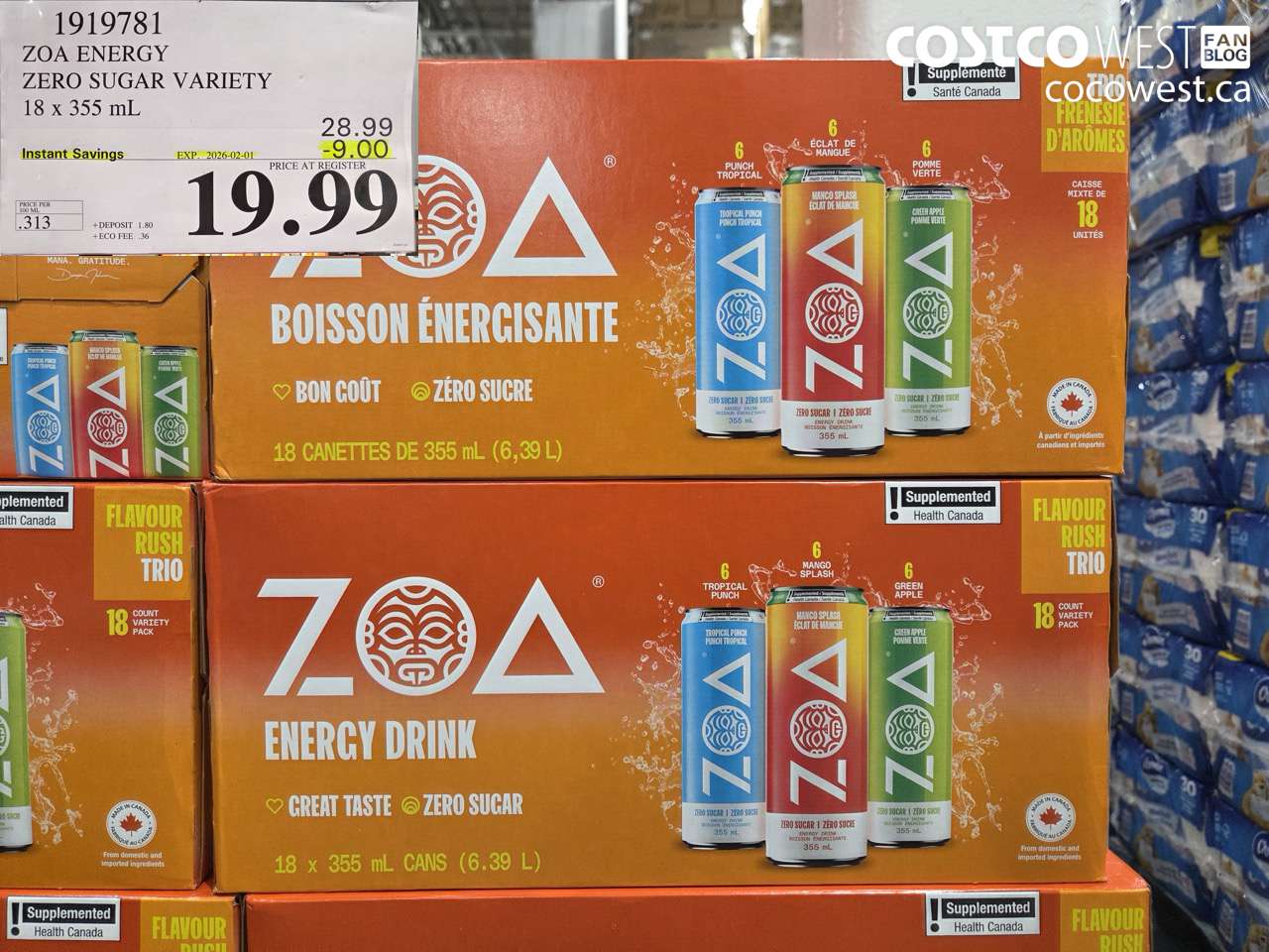 1919781 ZOA ENERGY DRINK 18 x 355 mL ($9.00 INSTANT SAVINGS EXPIRES ON 2026-02-01) $19.99
