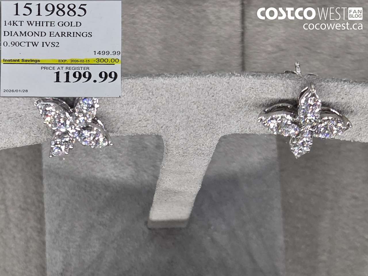 1519885 14KT WHITE GOLD DIAMOND EARRINGS 0.90CTW IVS2 ($300.00 INSTANT SAVINGS EXPIRES ON 2026-02-15) $1199.99