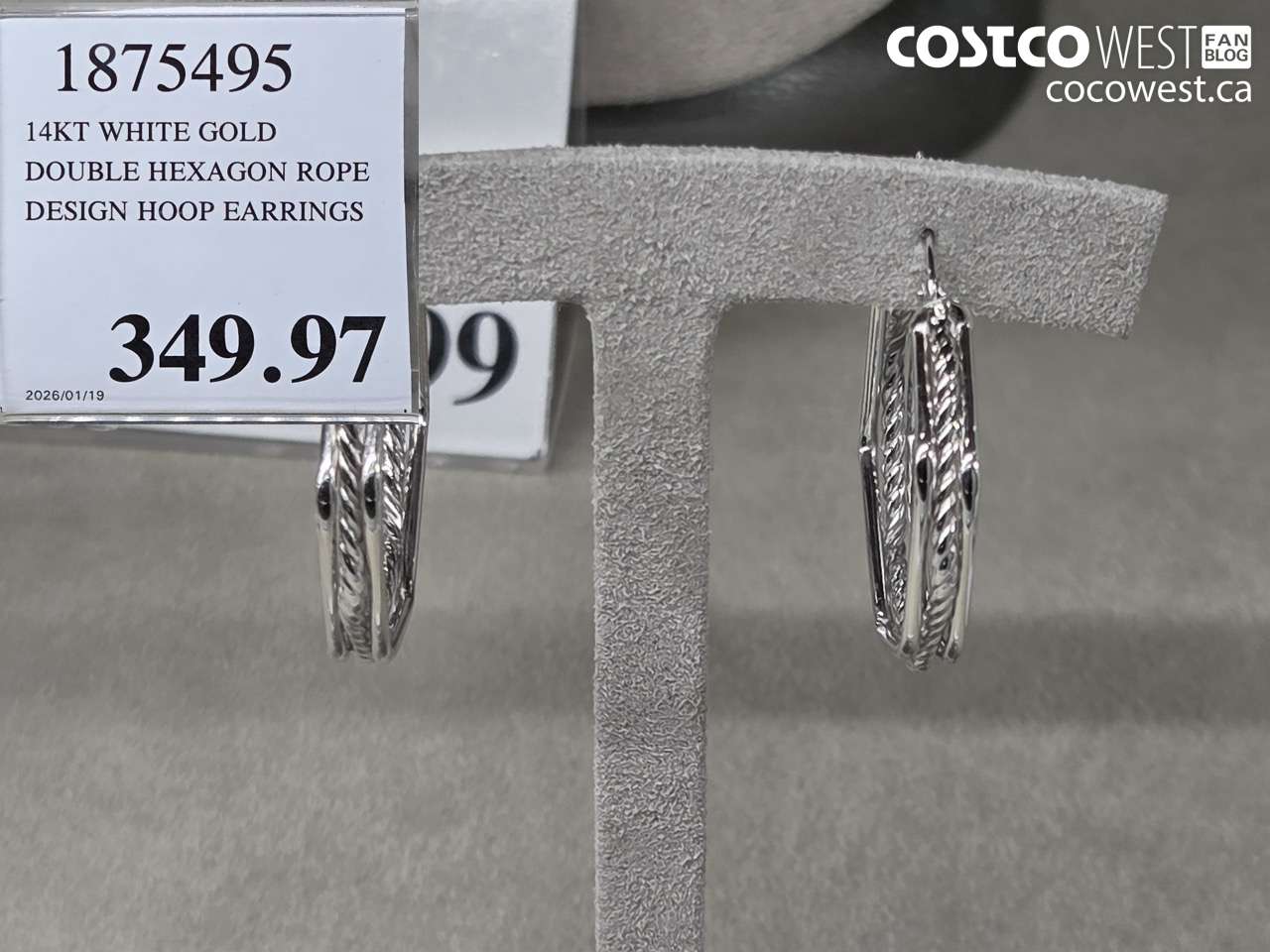 1875495 14KT WHITE GOLD DOUBLE HEXAGON ROPE DESIGN HOOP EARRINGS $349.97