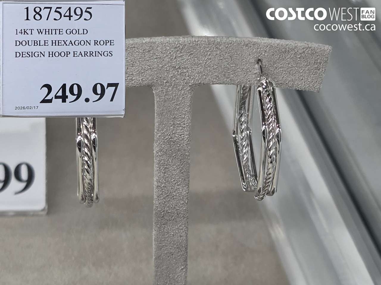 1875495 14KT WHITE GOLD DOUBLE HEXAGON ROPE DESIGN HOOP EARRINGS $249.97