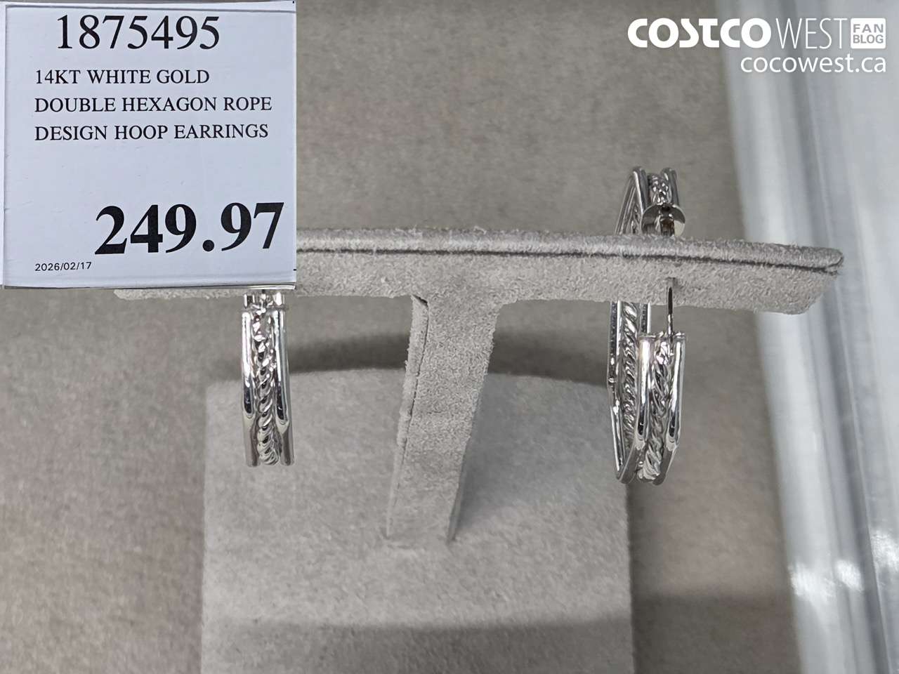 1875495 14KT WHITE GOLD DOUBLE HEXAGON ROPE DESIGN HOOP EARRINGS $249.97