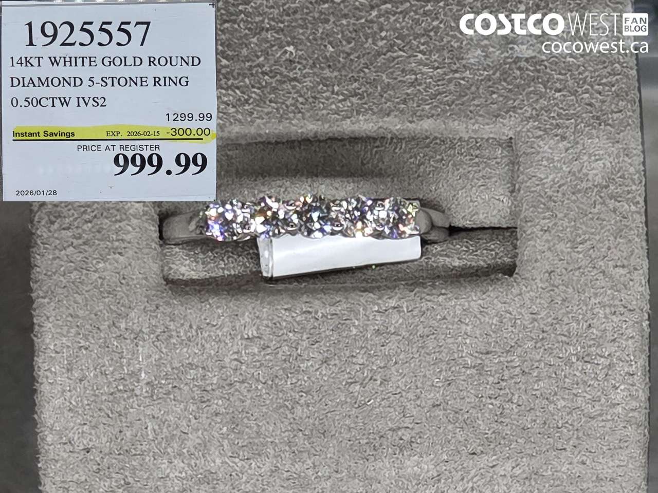 19253557 14KT WHITE GOLD ROUND DIAMOND 5-STONE RING 0.50CTW IVS2 ($300.00 INSTANT SAVINGS EXPIRES ON 2026-02-15) $999.99