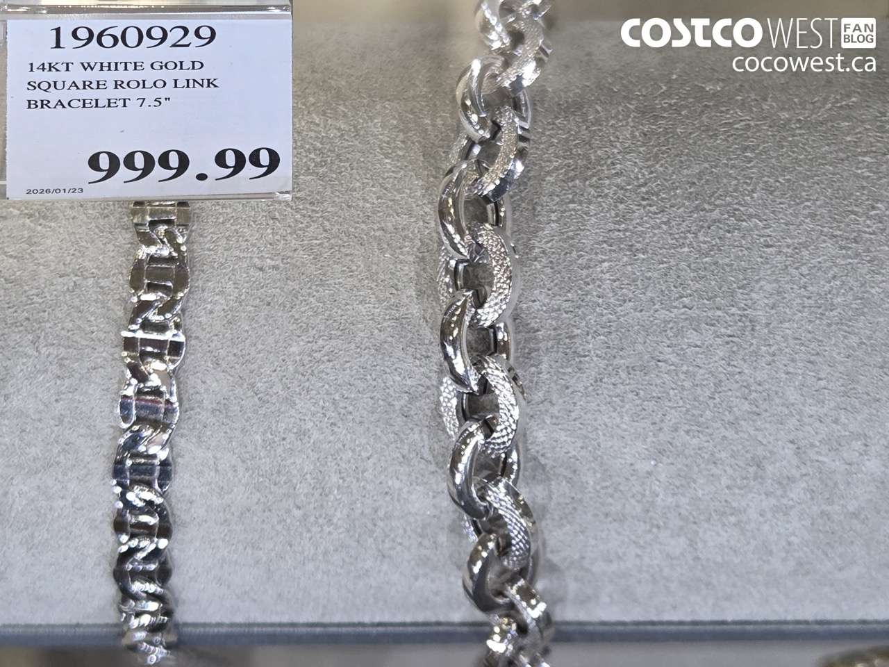 19606929 14KT WHITE GOLD SQUARE ROLO LINK BRACELET 7.5