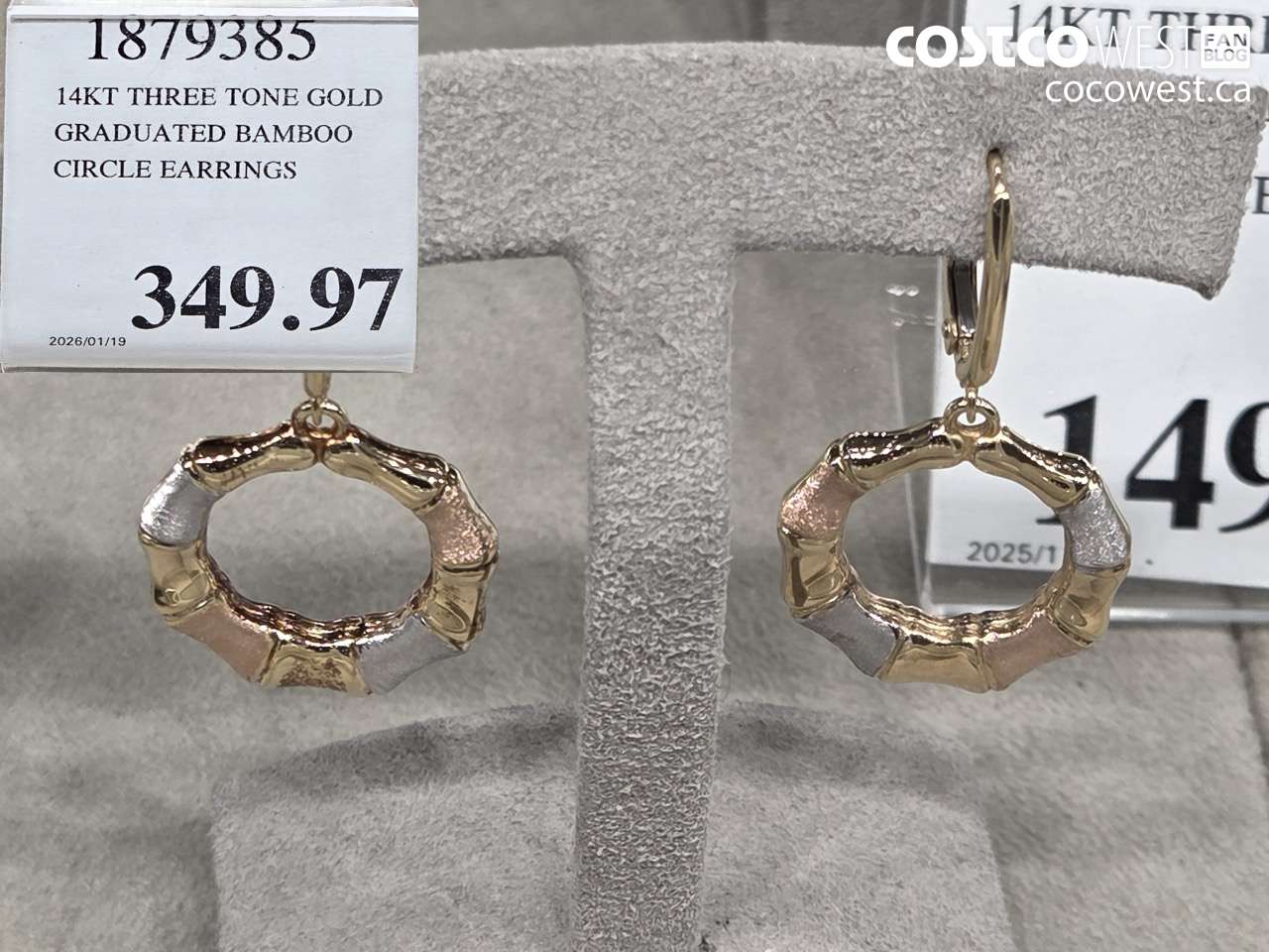 1879385 15KT THREE TONE GOLD GRADUATED BAMBOO CIRCLE EARRINGS $349.97