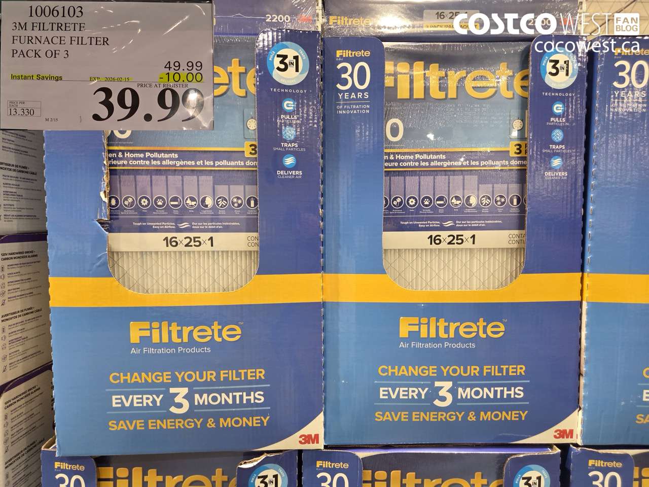1006103 3M FILTRETE FURNACE FILTER PACK OF 3 ($10.00 INSTANT SAVINGS EXPIRES ON 2026-02-15) $39.99