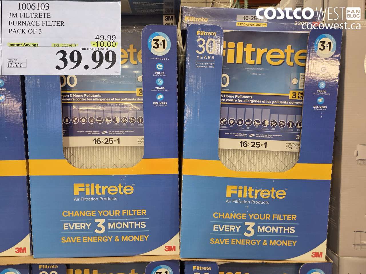 1006103 3M FILTRETE FURNACE FILTER PACK OF 3 ($10.00 INSTANT SAVINGS EXPIRES ON 2026-02-15) $39.99