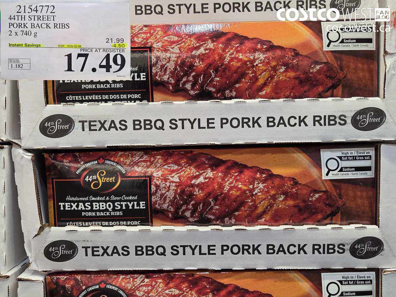 2154772 44TH STREET PORK BACK RIBS 2 X 740 G ($4.50 INSTANT SAVINGS EXPIRES ON 2026-02-08) $17.49