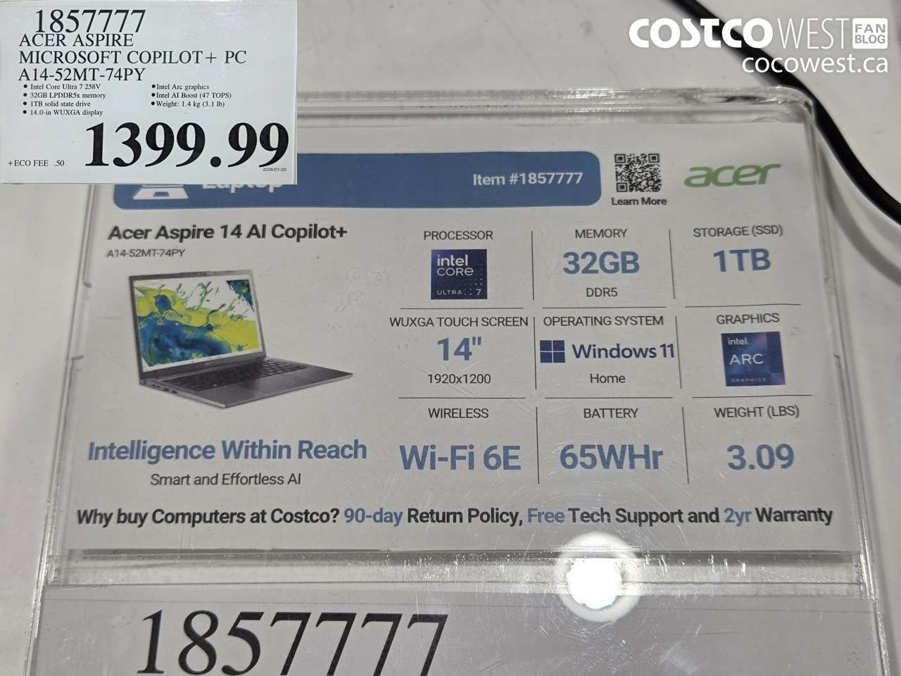 1857777 ACER ASPIRE MICROSOFT COPILOT+ PC A14-52MT-74PY $1399.99