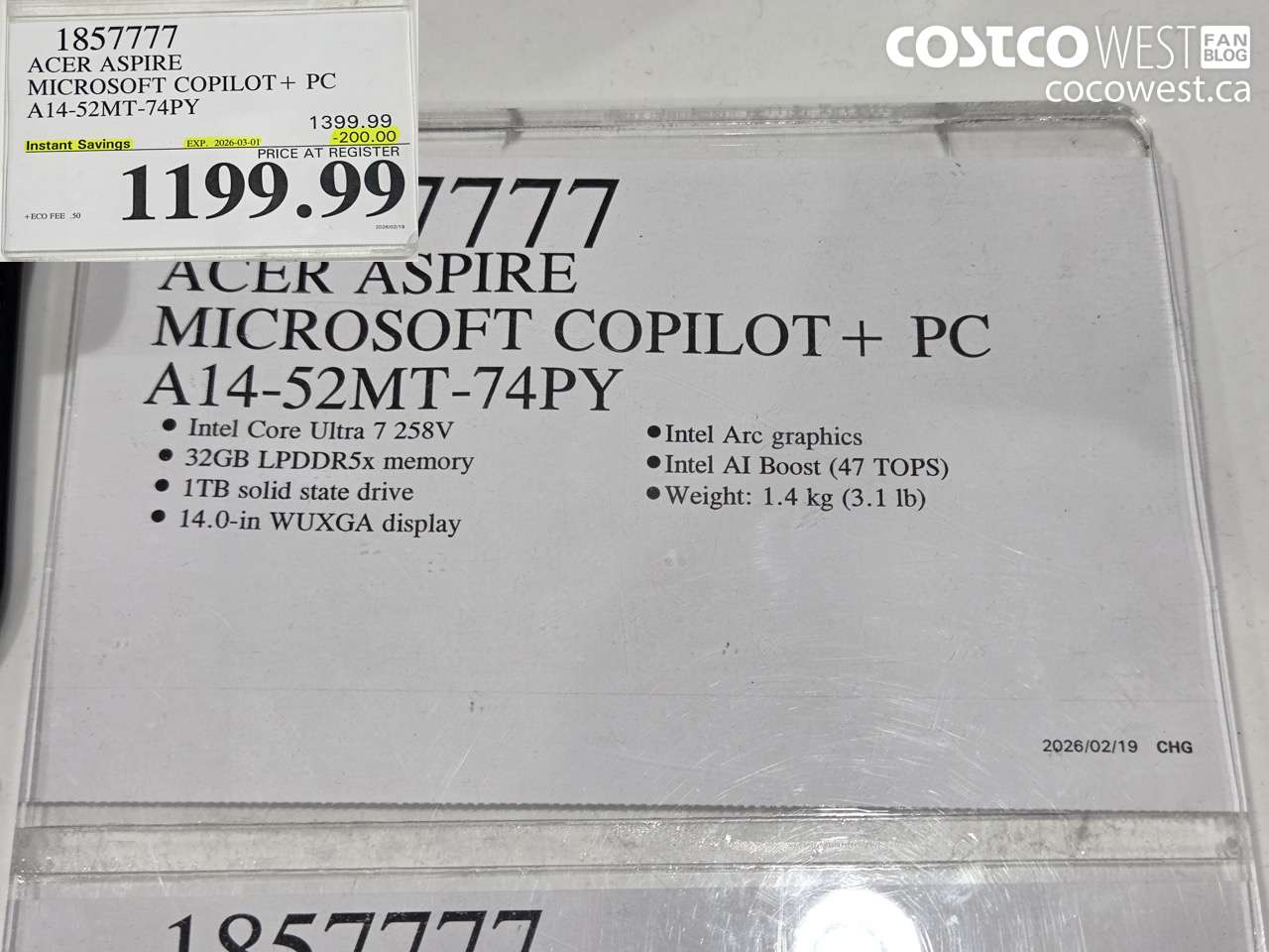 1857777 ACER ASPIRE MICROSOFT COPILOT+ PC A14-52MT-74PY ($200.00 INSTANT SAVINGS EXPIRES ON 2026-03-01) $1199.99