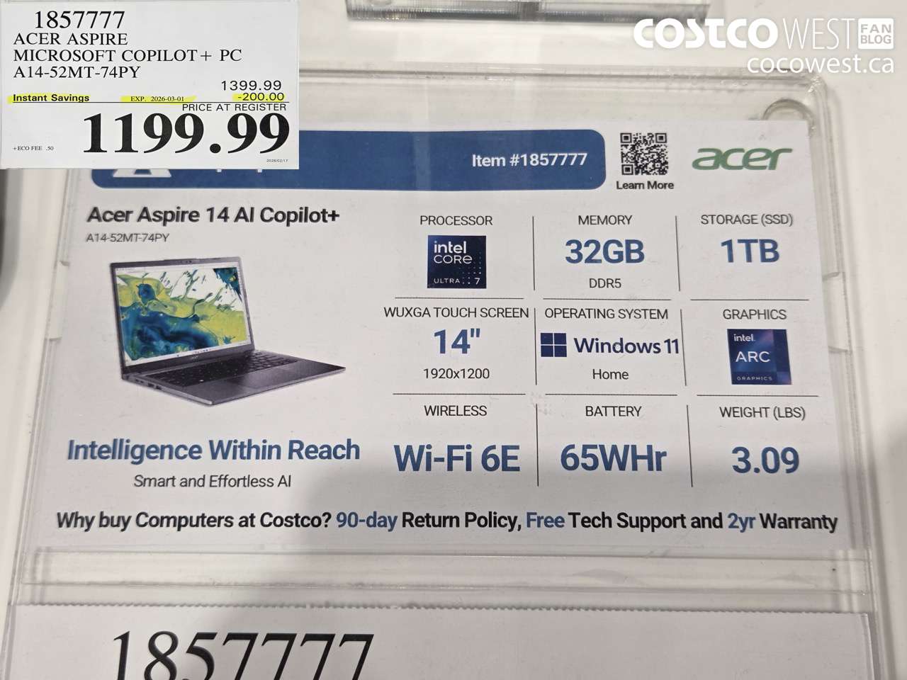 1857777 ACER ASPIRE MICROSOFT COPILOT+ PC A14-52MT-74PY ($200.00 INSTANT SAVINGS EXPIRES ON 2026-03-01) $1199.99