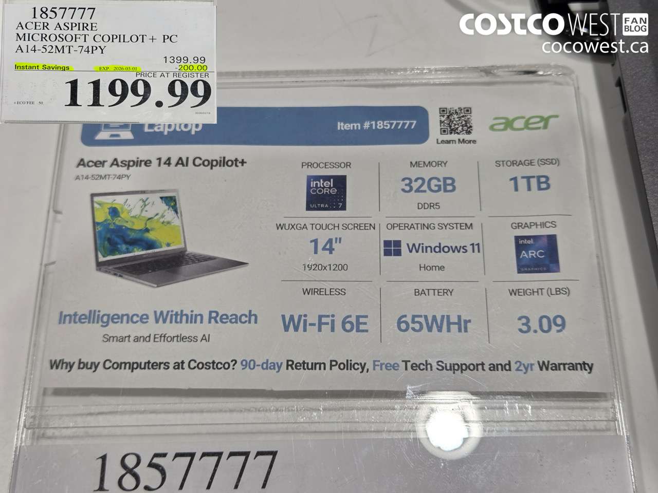 1857777 ACER ASPIRE MICROSOFT COPILOT + PC A14-52MT-74PY ($200.00 INSTANT SAVINGS EXPIRES ON 2026-03-01) $1199.99