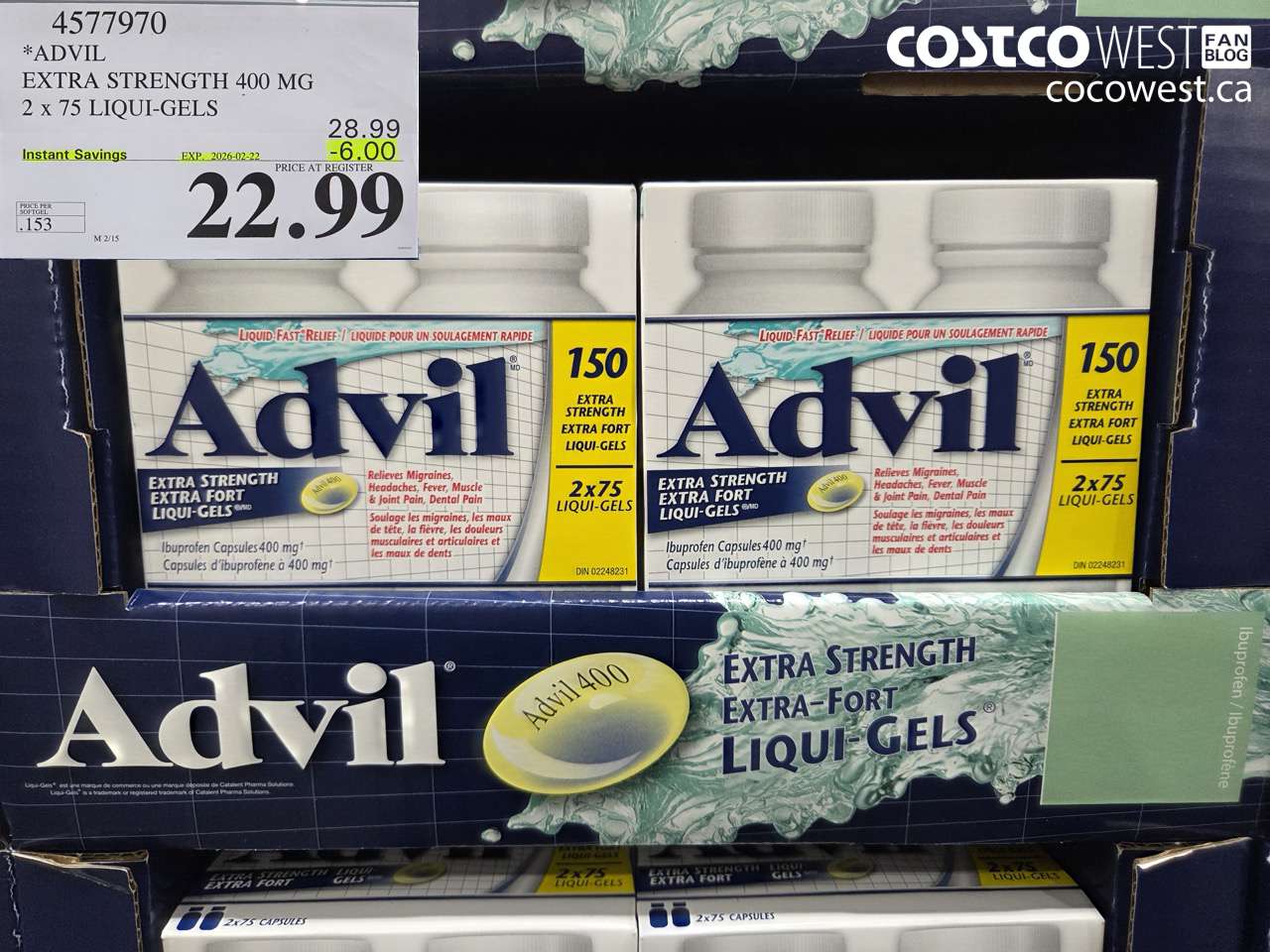 4577970 ADVIL EXTRA STRENGTH 400MG 2 X 75 LIQUI-GELS ($6.00 INSTANT SAVINGS EXPIRES ON 2026-02-22) $22.99