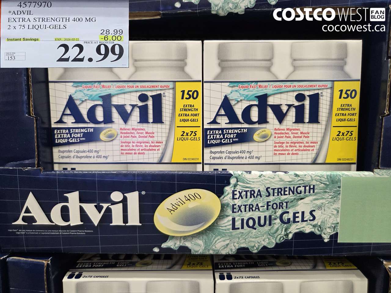 45779710 ADVIL EXTRA STRENGTH 400 MG 2 x 75 LIQUI-GELS ($6.00 INSTANT SAVINGS EXPIRES ON 2026-02-22) $22.99
