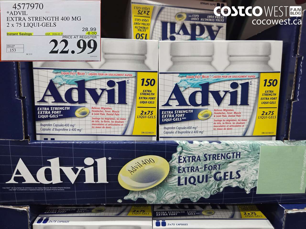 4577970 ADVIL EXTRA STRENGTH 400 MG 2 x 75 LIQUI-GELS ($6.00 INSTANT SAVINGS EXPIRES ON 2026-02-22) $22.99