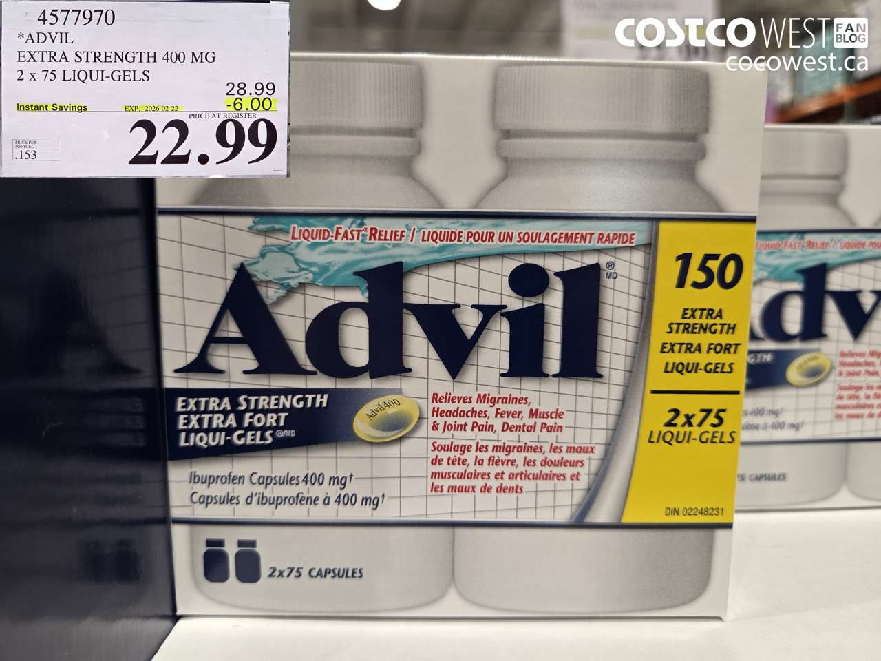 45779770 ADVIL EXTRA STRENGTH 400 MG 2 x 75 LIQUI-GELS ($6.00 INSTANT SAVINGS EXPIRES ON 2026-02-22) $22.99