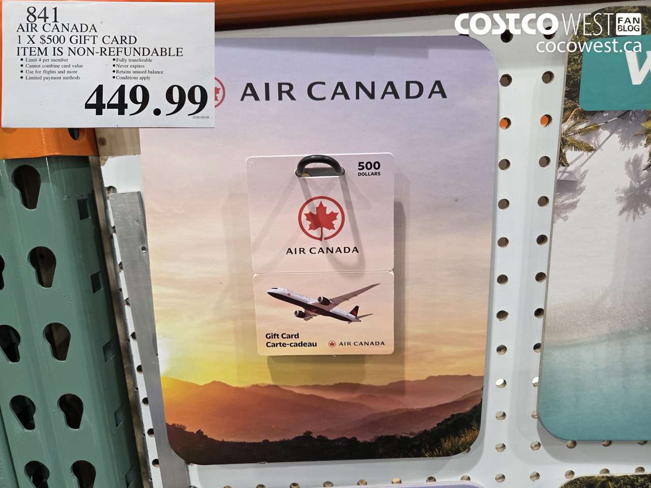 841 AIR CANADA 1 X $500 GIFT CARD ITEM IS NON-REFUNDABLE $449.99