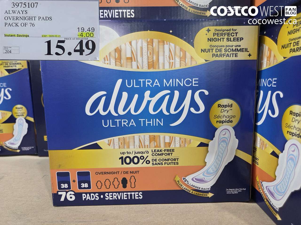 3975107 ALWAYS OVERNIGHT PADS PACK OF 76 ($4.00 INSTANT SAVINGS EXPIRES ON 2026-02-15) $15.49