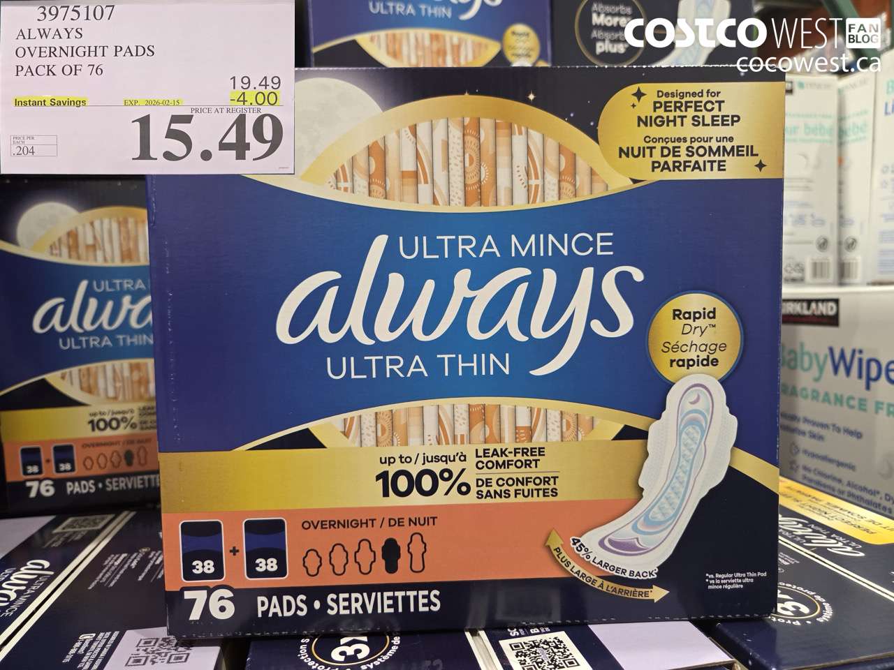 3975107 ALWAYS OVERNIGHT PADS PACK OF 76 ($4.00 INSTANT SAVINGS EXPIRES ON 2026-02-15) $15.49