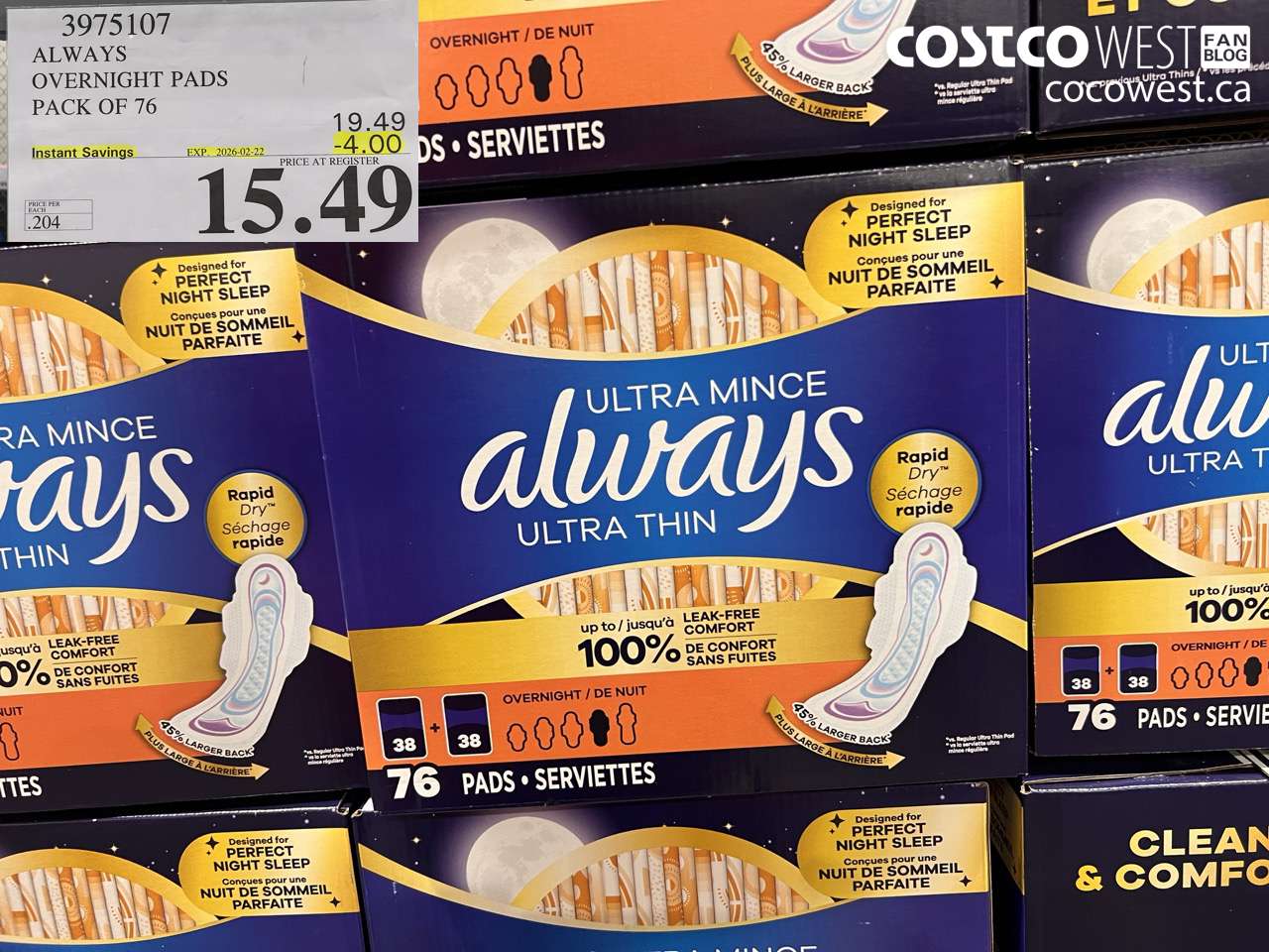 3975107 ALWAYS OVERNIGHT PADS PACK OF 76 ($4.00 INSTANT SAVINGS EXPIRES ON 2026-02-22) $15.49