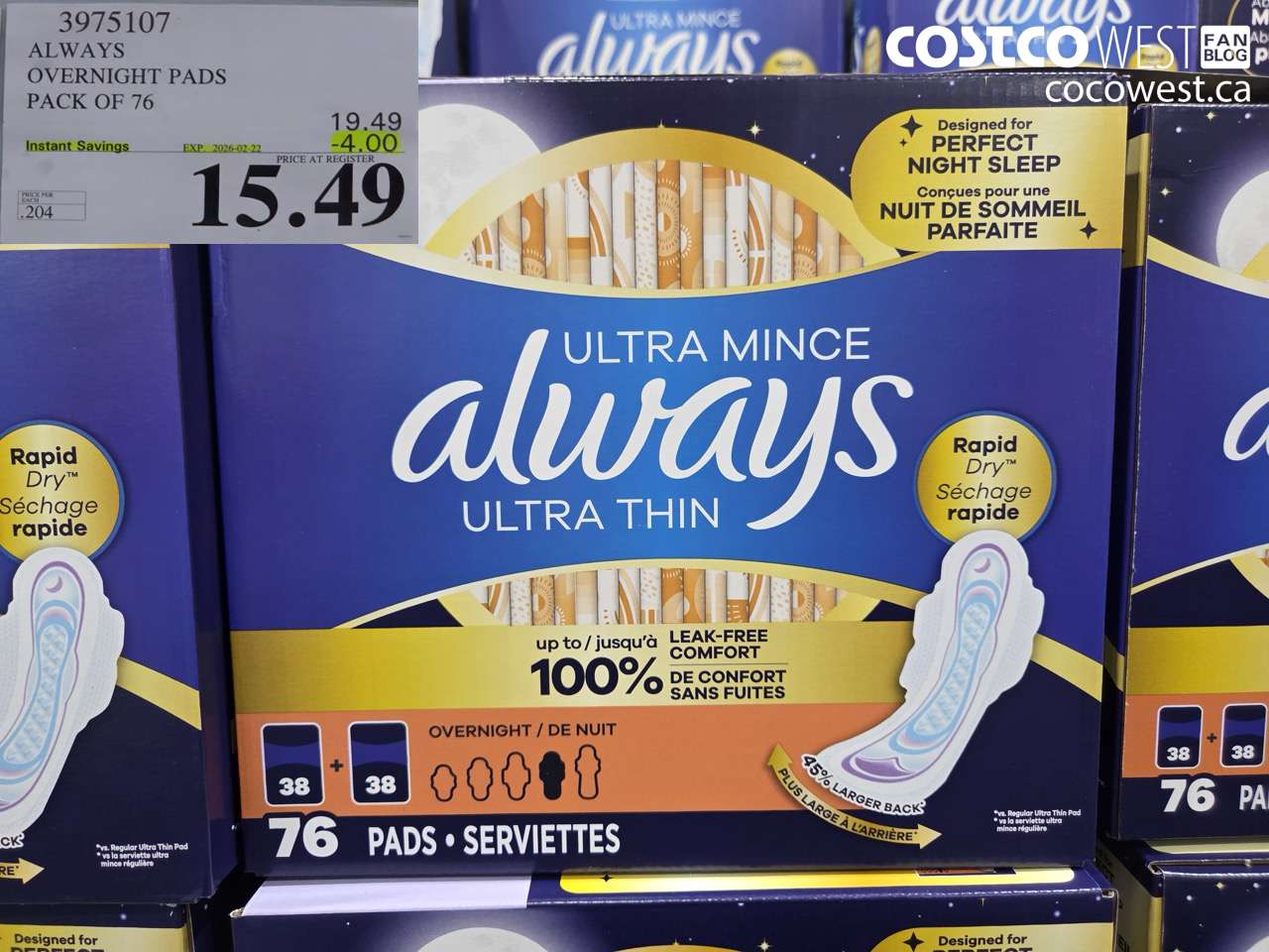 3975107 ALWAYS OVERNIGHT PADS PACK OF 76 ($4.00 INSTANT SAVINGS EXPIRES ON 2026-02-22) $15.49