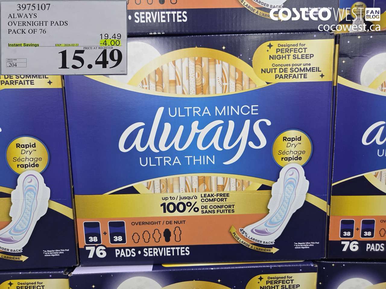 3975107 ALWAYS OVERNIGHT PADS PACK OF 76 ($4.00 INSTANT SAVINGS EXPIRES ON 2026-02-22) $15.49