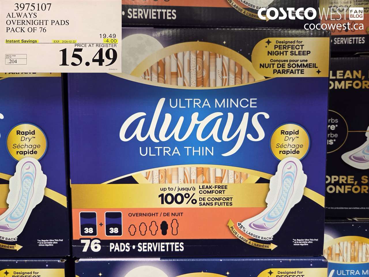 3975107 ALWAYS OVERNIGHT PADS PACK OF 76 ($4.00 INSTANT SAVINGS EXPIRES ON 2026-02-22) $15.49